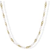 PAVOI 14K-18K Gold Plated Dainty Pearl Necklaces for Women - Station Beaded Choker Paperclip Chain Gold Pearl Necklace Bridal Jewelry