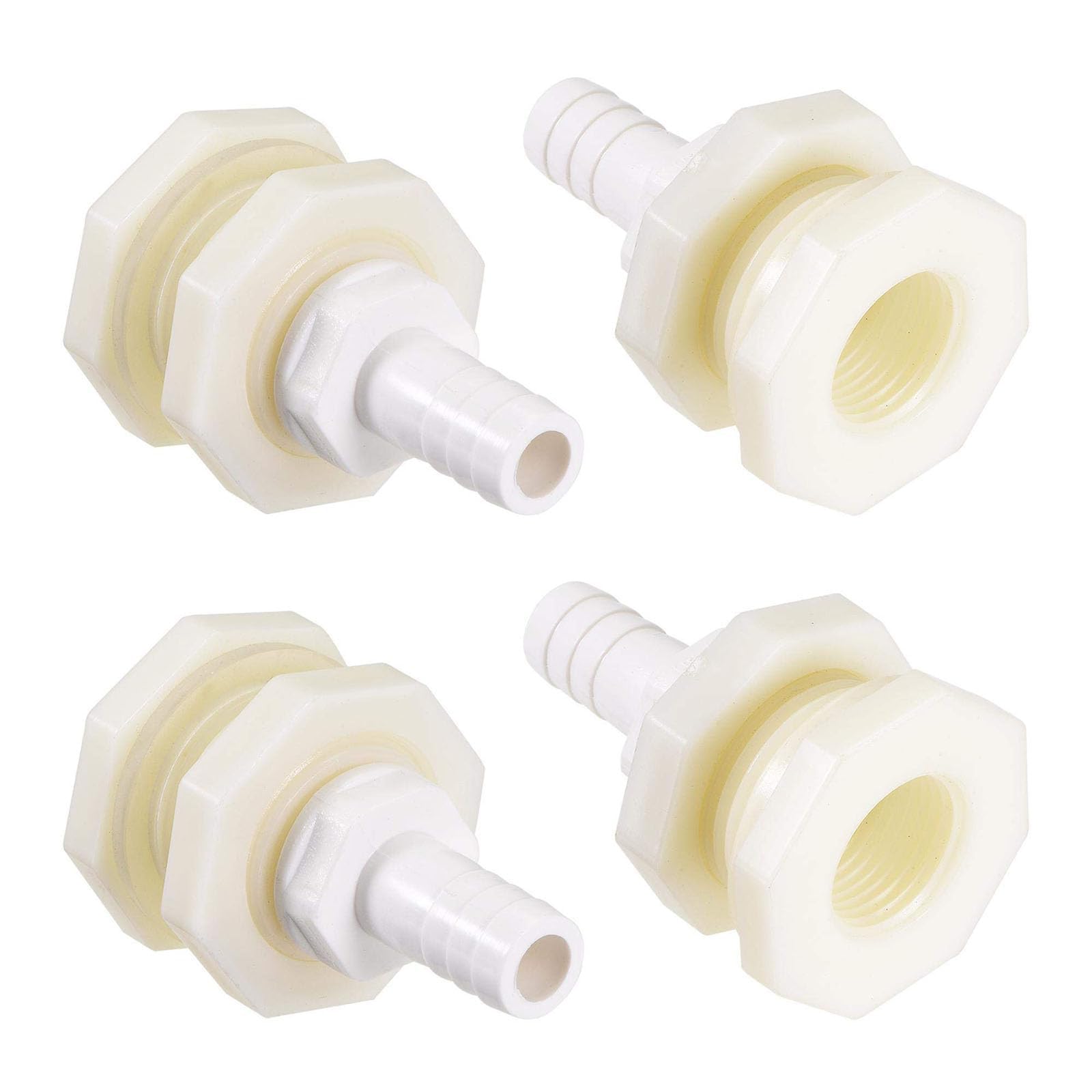 TOP-VIGOR 4Pcs Bulkhead Fitting Adapter, 12mm Water Tank Connector Barbed x G1/2 Female ABS for Aquariums, Tanks, Pools, Bathtubs, White