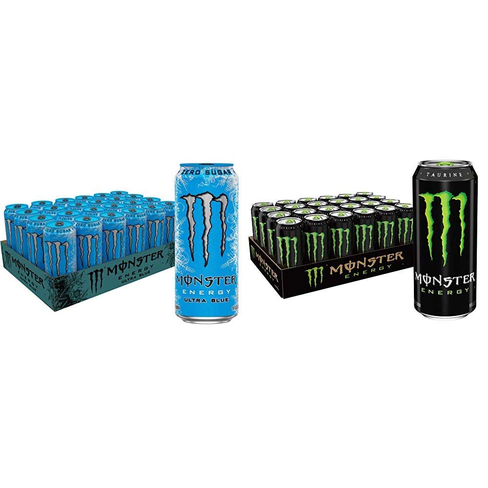 Monster Energy Ultra Blue, Sugar Free Energy Drink, 16 Ounce (Pack of 24) & Drink, Green, Original, 16 Ounce (Pack of 24)
