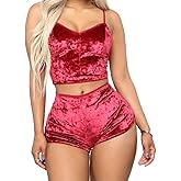 RUEWEY Women Sexy Strappy Babydoll Lingerie Satin Pajama Set Camisole with Shorts 2 Piece Sleepwear