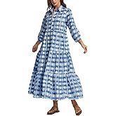 D-Sun Women Long Sleeve Maxi Dress V Neck Button Down Flowy Tiered Ruffle Shirt Dress Casual Fall Long Dresses