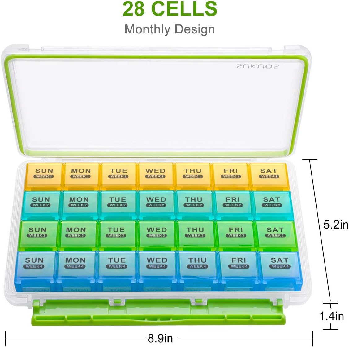 Monthly Pill Organizer 28 Day Case Organizerd by Week, Sukuos Moisture-Resistant Large 4 Week Month Pill Cases with Dust-Proof Box for Pills/Vitamin/Fish Oil/Supplements: Health & Personal Care