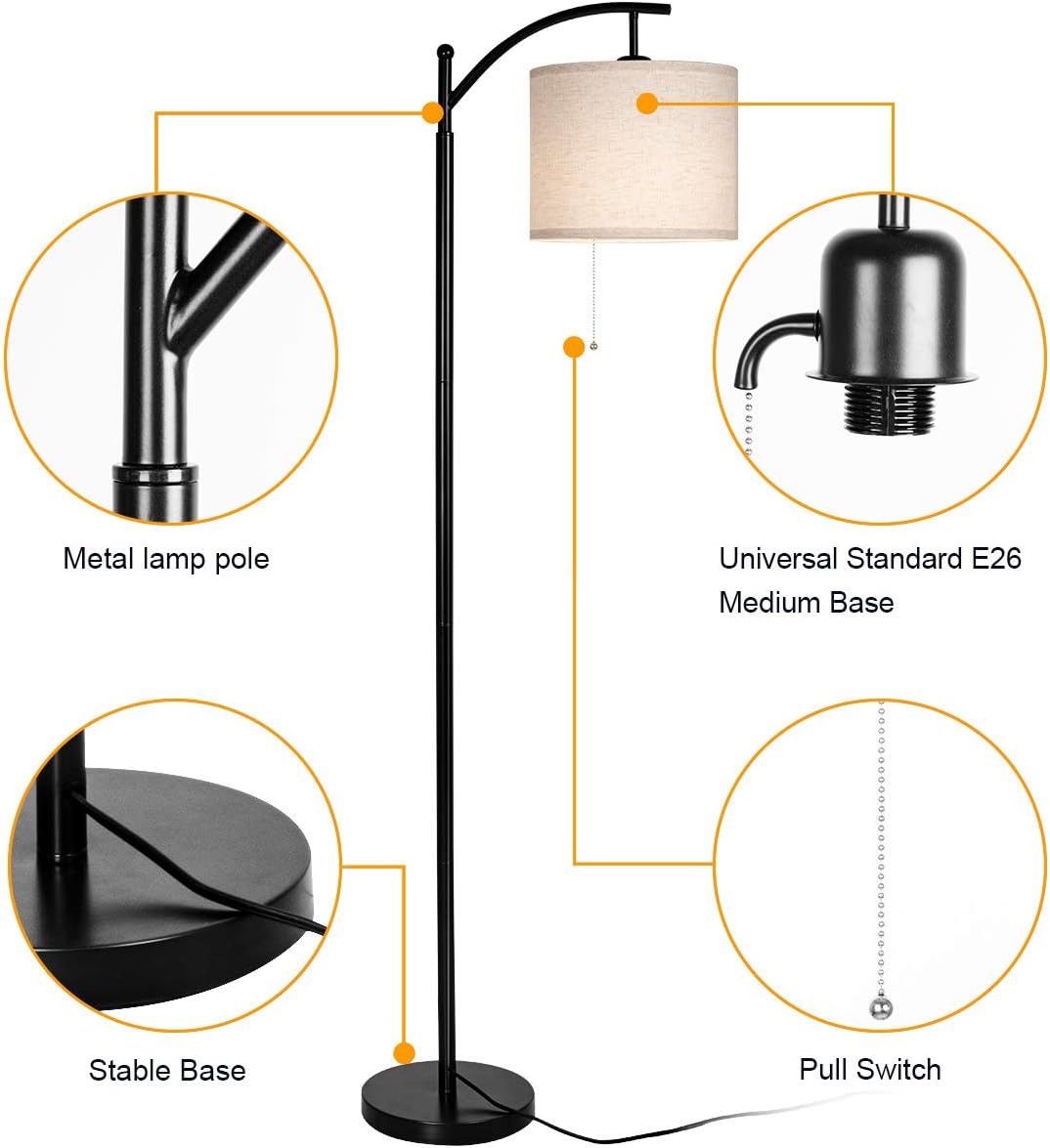 JOOFO Floor Lamp, Living Room Floor Lamps, Reading Standing Light with Hanging Lampshade, 9W LED Light Bulb and 3 Color Temperatures Floor Lamp for Living Room, Bedrooms, Office (Black) - - 