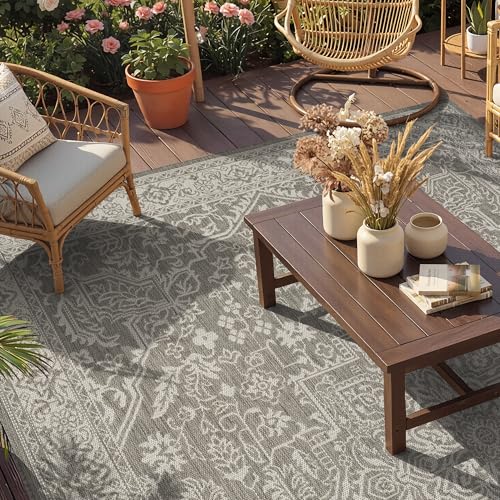Outdoor Rug-Patio Rug Polypropylene Indoor Outdoor Carpet 7.9x10ft Porch Balcony Carpets Garden Deck Mat Easy Clean Non Slip Light Weight Vintage Outdoor Area Rug Retro Grey