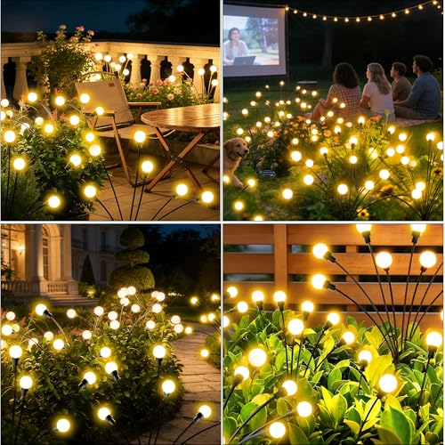 Solar Lights for Outdoor Garden, 4 Pieces Solar Fireflies 10 LEDs, Solar Lights for Outdoor Use with IP65 Waterproof Warm White 8 Light Modes Height Adjustable Swinging Solar Lights for Garden Walkway
