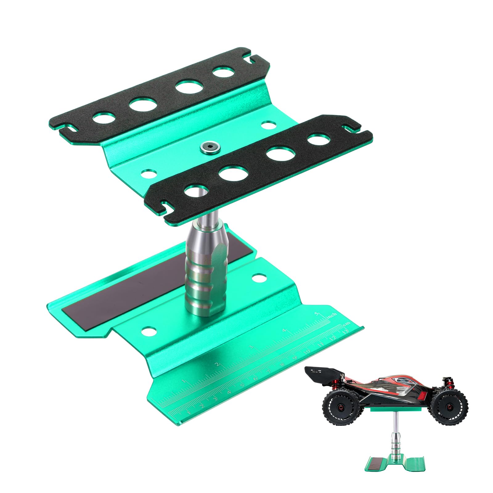 sourcing map 1 Set RC Car Work Stand Lift Lower Aluminum Repair Workstation 360 Degree Rotation with Green Screw Tray and Screw Box for 1/8 1/10 1/16 Scale RC Car Crawler Truck Vehicle (Green)