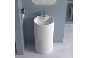 Cpingao 35" Stone Resin Circular Pedestal Sink with Faucet Hole, Solid Surface Pedestal Bathroom Sink Basin with Overflow and Pop-up Drain, Matte White