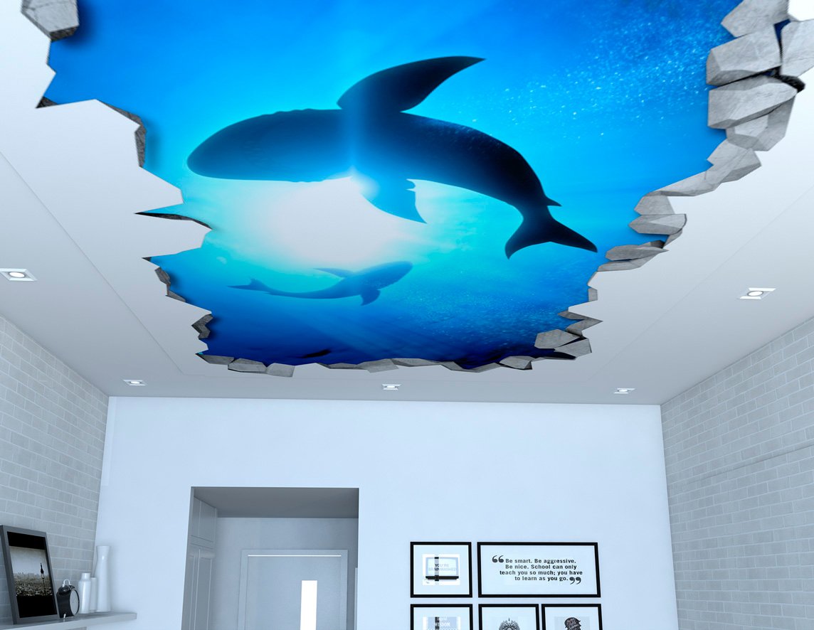 Moonwallstickers 3D Wallpaper Effect (34,25 x 18,90 inches, Sharks 3D Effect Ceiling Decals)