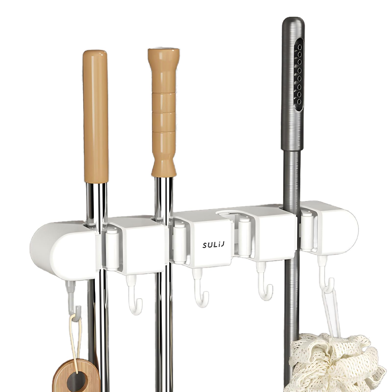 JYJLLM Wall-Mounted Broom & Mop Holder for Efficient Utility Room Storage Solutions,Kitchen，Garage， Bathroom ，Office，mop holder wall mounted， Garden Tool Rack Included!（4 Broom Rack 5 Hooks） (white)