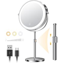 Auxmir Miroir Grossissant 30X Lumineux, Miroir Maquillage avec Ventouse sans Fil avec 3 Réglages D'éclairage LED, Rotation à 360° pour Salles de Bain et Voyage