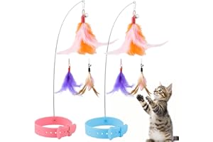 KALAMANDA Cat Collar Toy, Cat Feather Neck Collar Toy with 6 Replacement Refills, Interactive Self Playing Toys with Bell for Indoor Kittens Small Animals