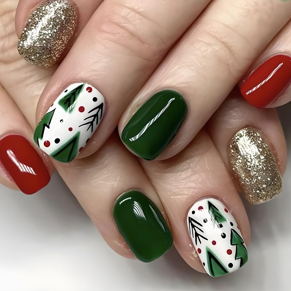 Christmas Press on Nails Short Square False Nails Red Green Fake Nails with Christmas Tree Design Glitter Artificial Nails Acrylic Glue on Nails Short Acrylic Nails Christmas Stick on Nails for Women