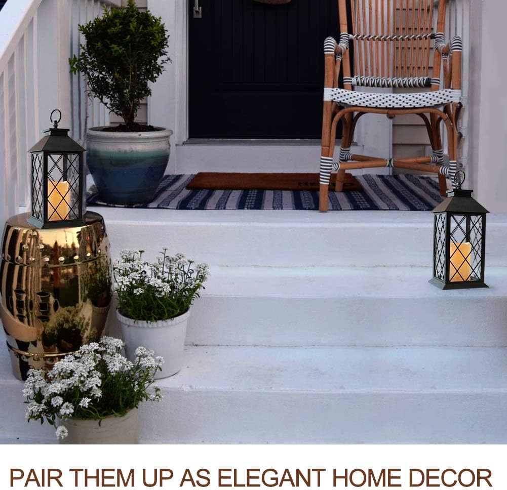 Bright Zeal 2-Pack 14" Vintage Candle Lantern With LED Flickering Flameless Candle (Black, 6hr Timer) - Battery Powered Candle Lantern Outdoor - Decorative Hanging Lantern For Patio - Tabletop Lantern: Home & Kitchen