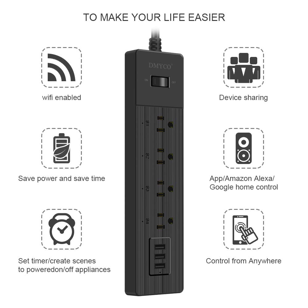 WiFi Smart Power Strip，Multiple Outlet Surge Protector USB Bar，with 3 USB Ports 4 Smart Outlets Overload Switch and 6FT UL Cord, Remote Control, Compatible with Alexa Echo, Google Home and IFTTT