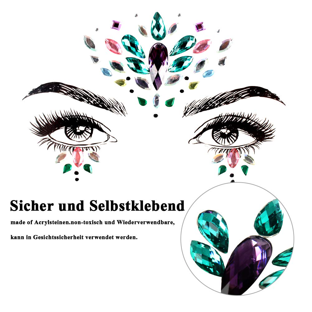 Ciaoed Strass Juwelen Face Tattoo,Acryl Face Sticker Regenbogen Tränen Kristall Glitzersteine Glitter Temporäre Glitzer Kostüm Gesicht Edelsteine Aufkleber für Parties,Maskerade,Rave Festival(4 Stück)