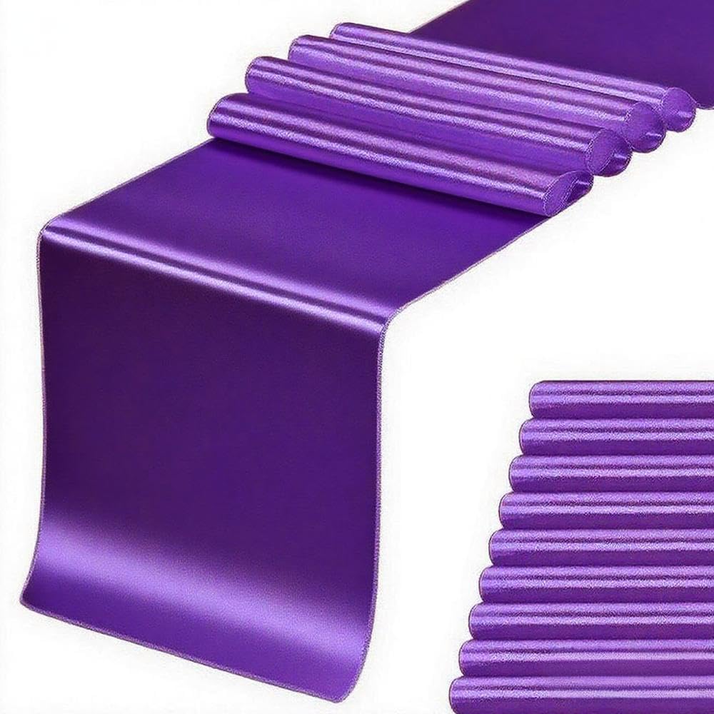 Photo 1 of 10 Pack Purple Satin Table Runners for Wedding, 12 x 108 inches Long Decorations for Birthday, Party, Banquet, Purple Table Runners fit Rectange or Round Table