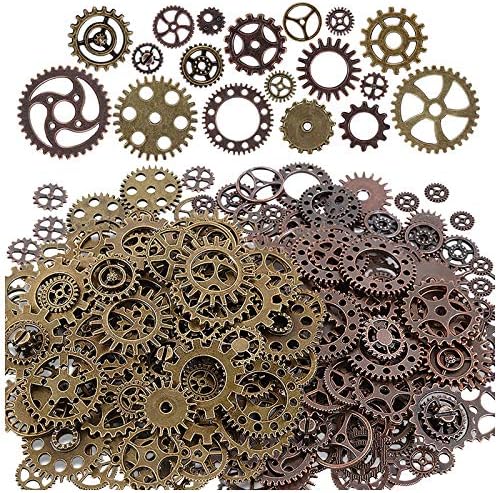 Teenitor 200 Gram (Approx 140pcs) Bronze and Copper Assorted Vintage Steampunk Gears Charms Pendant Clock Watch Wheel Gear for Crafting, Jewellery Making