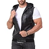 FANARCHER Men's Vintage Faux Leather Vest Jacket Zip-up Classic Hipster Vest with Hood Sleeveless Jacket