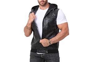 FANARCHER Men's Vintage Faux Leather Vest Jacket Zip-up Classic Hipster Vest with Hood Sleeveless Jacket