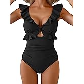 Aidonger Women's One Piece Swimsuit Tummy Control Ruffle Bathing Suit V Neck Ruched Swim Suit Slimming Cutout Swimwear