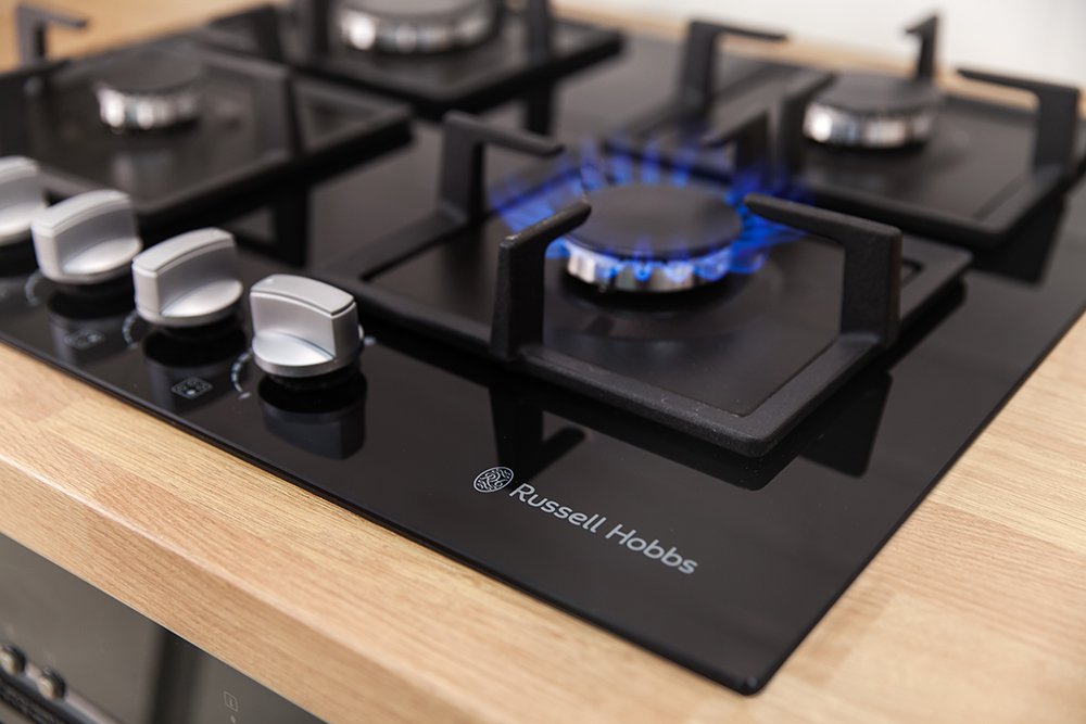 Russell Hobbs RH60GH402B Black Glass 59cm Wide, 4 Burner Gas Hob, Free
