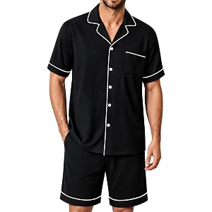 SWOMOG 100% Cotton Mens Pajama Set Short Sleeve Sleepwear Button Down Loungewear 2 PCS Cotton Pjs Set with Pockets