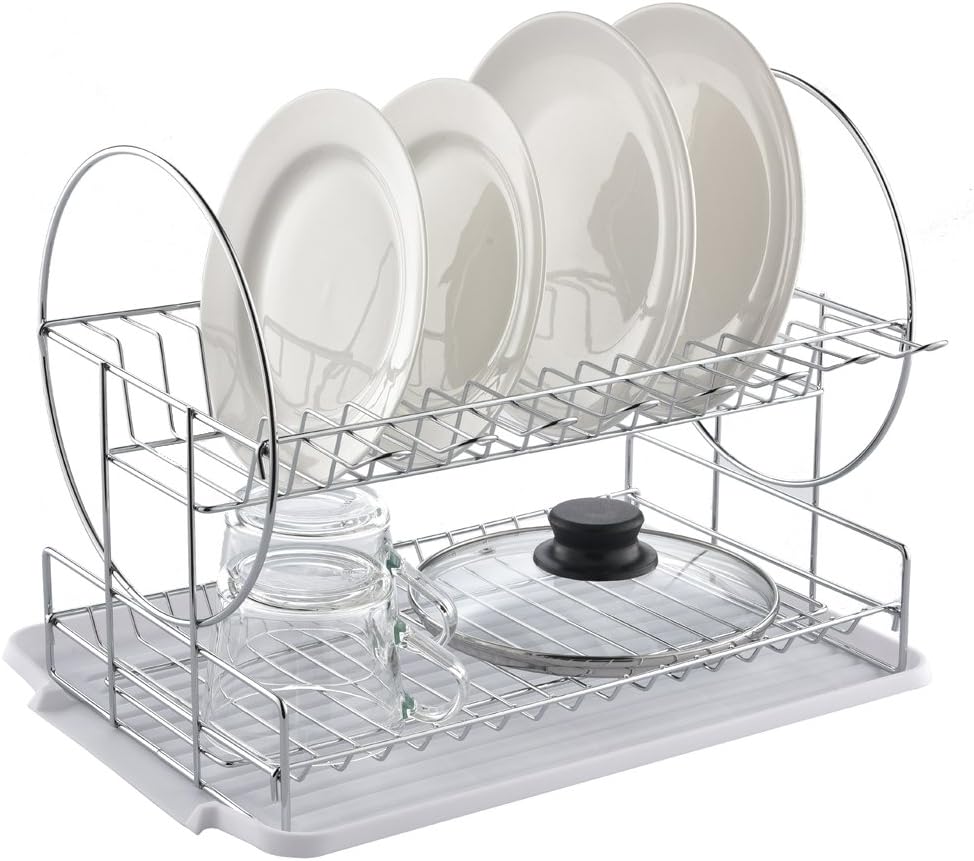 POPILION Quality Kitchen Sink Side Draining Two Tier Dish Drying Racks,Double-Deck White Dish Racks,Dish Drainer with DrainBoard