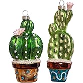 Set of 2 Hand Blown Glass Cactus Ornaments for Christmas Tree, Hanging Glass Cactus Ornament