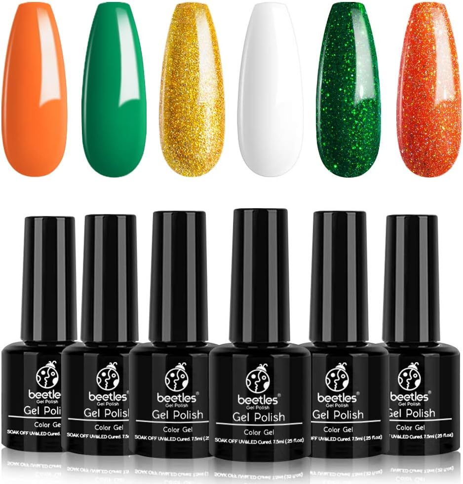 Beetles Gel Nail Polish Set, Summer Vibes Collection 6 Colors Sparkle Green Nail Polish Glitter Orange Gel Polish Kit Tropical Rainforest Nail Art Decoration Gel Manicure at Home Gift Kit: Health & Personal Care