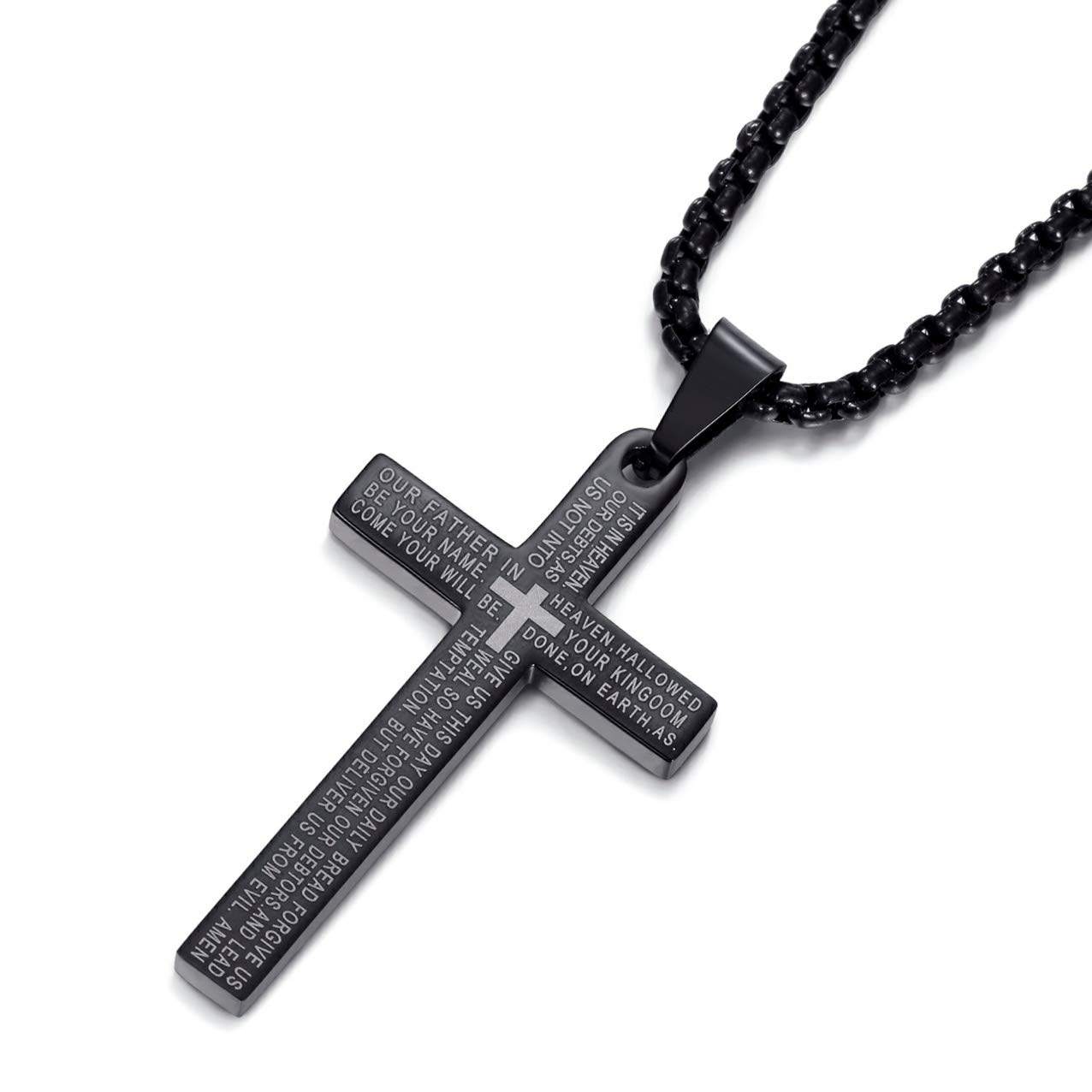 MOO&LEE Cross Necklace for Men and Boys Lord's Prayer Cross Pendant with 24 Inches Stainless Steel Link Chain, Metal, n
