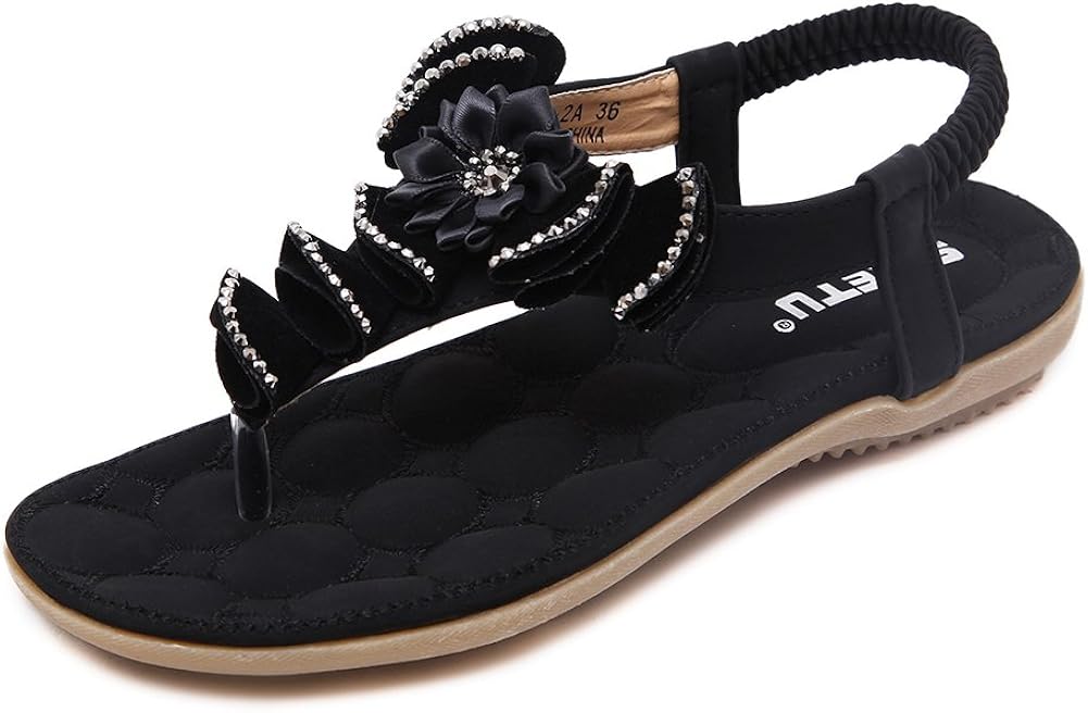 Amazon.com | Novel Harp Womens Rhinestone Beads Flat Thong Dressy Sandals Size5-9.5 Black | Flats