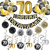 Trgowaul 70th Birthday Party Decorations Kit- Gold Glittery Cheers to 70 Years Banner, Poms, 6Pcs Sparkling 70 Hanging Swirl, 1 Gold Number Balloon and 15 Confetti Balloons(Black, Golden) for 70th Anniversary Decorations 70 Years Old Party Supplies