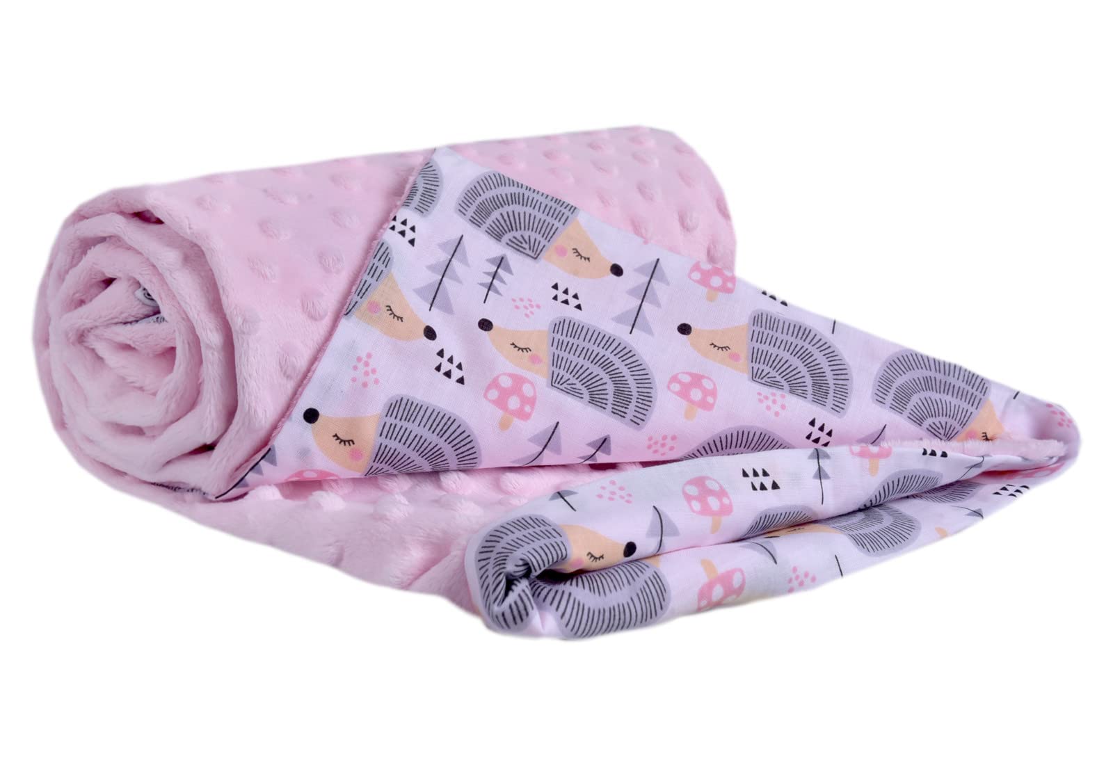 Medi Partners Baby Blanket Newborn Pram Soft 100% Cotton 75x100 Cot Toddler Comfort universal Cuddly Fluffy Crawling Plush bilateral Blankets (Grey Hedgehog with Light Pink Plush)