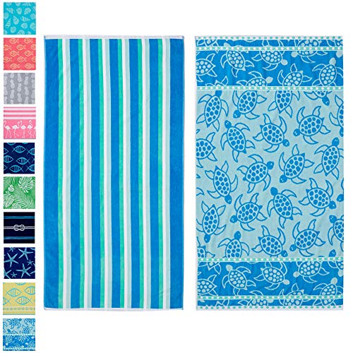 2 Pack Plush Turtle & Stripes Print Beach Towels. 100 Cotton Nautical
