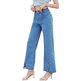 Ladyful Women's Straight Leg Jeans Stud High Waist Casual Stretch Denim Pants Embellished Split Jeans