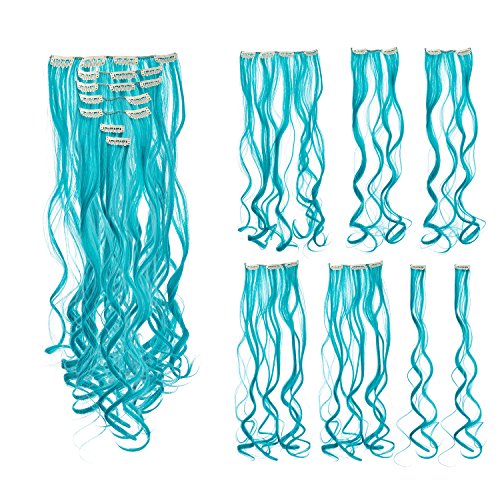 SWACC 7 Pcs Full Head Party Highlights Clip on in Hair Extensions Colored Hair Streak Synthetic Hairpieces (20-Inch Curly, Teal Blue)