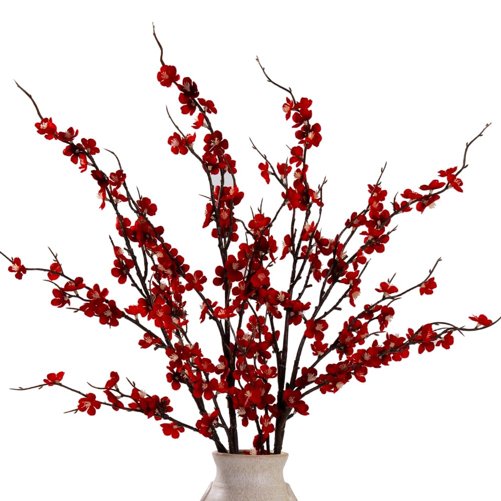 Photo 1 of LESING 4pcs Cherry Blossom Flowers Artificial, Fake Silk Cherry Blossom Branches Tall Peach Blossom Flower Stems Arrangement for Wedding Home Office Party Decoration (Red-2)