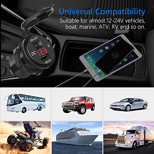 HiGoing 12V/24V Marine USB Outlet, Waterproof QC3.0 USB Charger Socket with Voltmeter Monitoring and On/Off Switch for Car Boat Motorcycle Mobile (Updated with QC3.0)