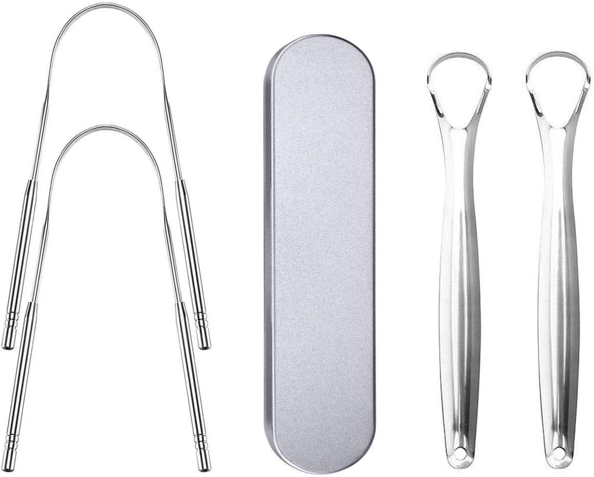 Oexper 4 Pack Stainless Steel Tongue Scraper Cleaners with 1 Metal Carring Case - Surgical Stainless Steel Tongue Brushes Oral Cleaners for Fresh Breath