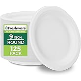 Freshware Paper Plates - Disposable 9" Plate, 125-Pack Biodegradable Sugarcane Fiber Dinner Plates - Heavy Duty Dinnerware for Hot Food - Microwave & Freezer Safe, Stackable Dinnerware