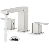 FORIOUS Brushed Nickel Bathroom Faucets 3 Hole, Stainless Steel 2 Handle Square 8 in Widespread Bathroom Sink Faucet Brushed Nickel 3 Hole with Metal Pop Up Drain, CUPC Water Hoses