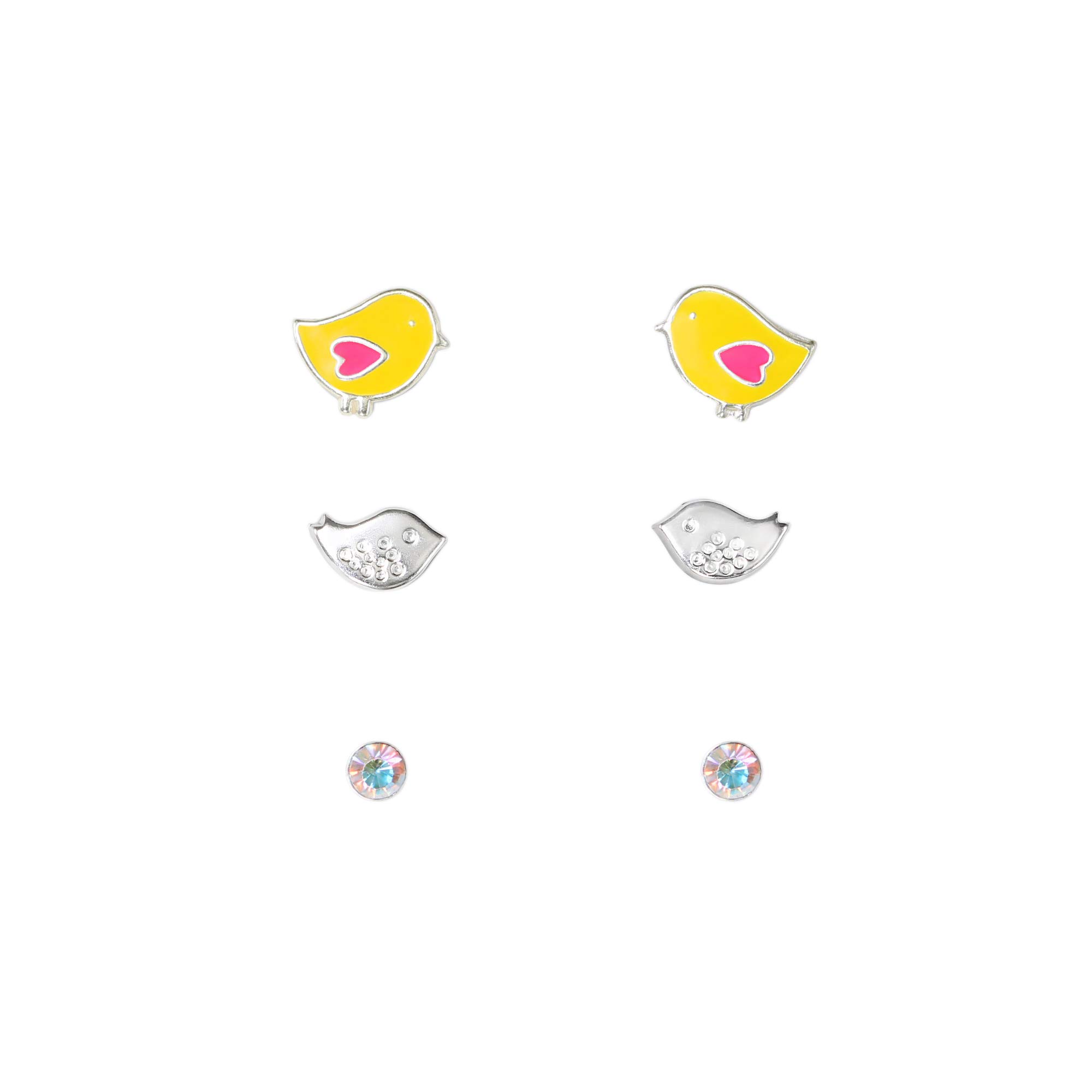 The Rose & Silver Company Girls 925 Sterling Silver Crystal Chick Bird Stud Earrings Set