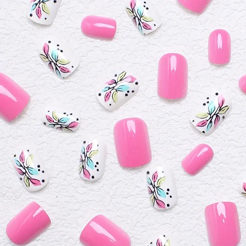 24Pcs Flower Press on Nails Short Square Fake Nails with Designs Cute False Nails Full Cover Glossy Stick on Nails Spring Glue on Nails Pink Acrylic Artificial Nails for Women Daily Wear - Image 2