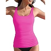 Women's Tankini Top Swimwear Top Only Tummy Control Bathing Suit Top Modest Swim Tank Tops with Built in Bra No Bottom Sporty Full Coverage Swimsuits Hotpink