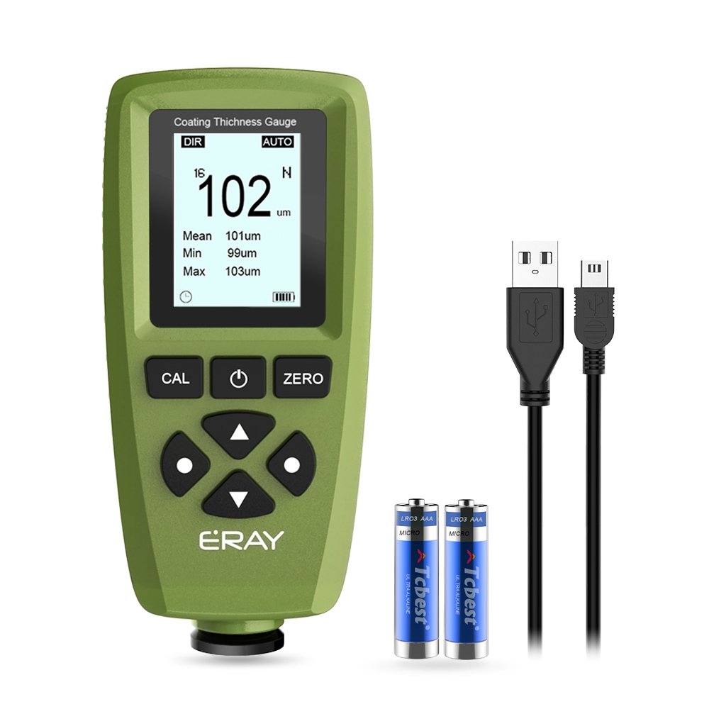 Paint Coating Thickness Gauge, ERAY Digital Depth Mil Thickness Meter with Backlight LCD Display for Car Automotive, 320 Measurements Store/USB Data Download Analysis/Limit Alarm (Green)