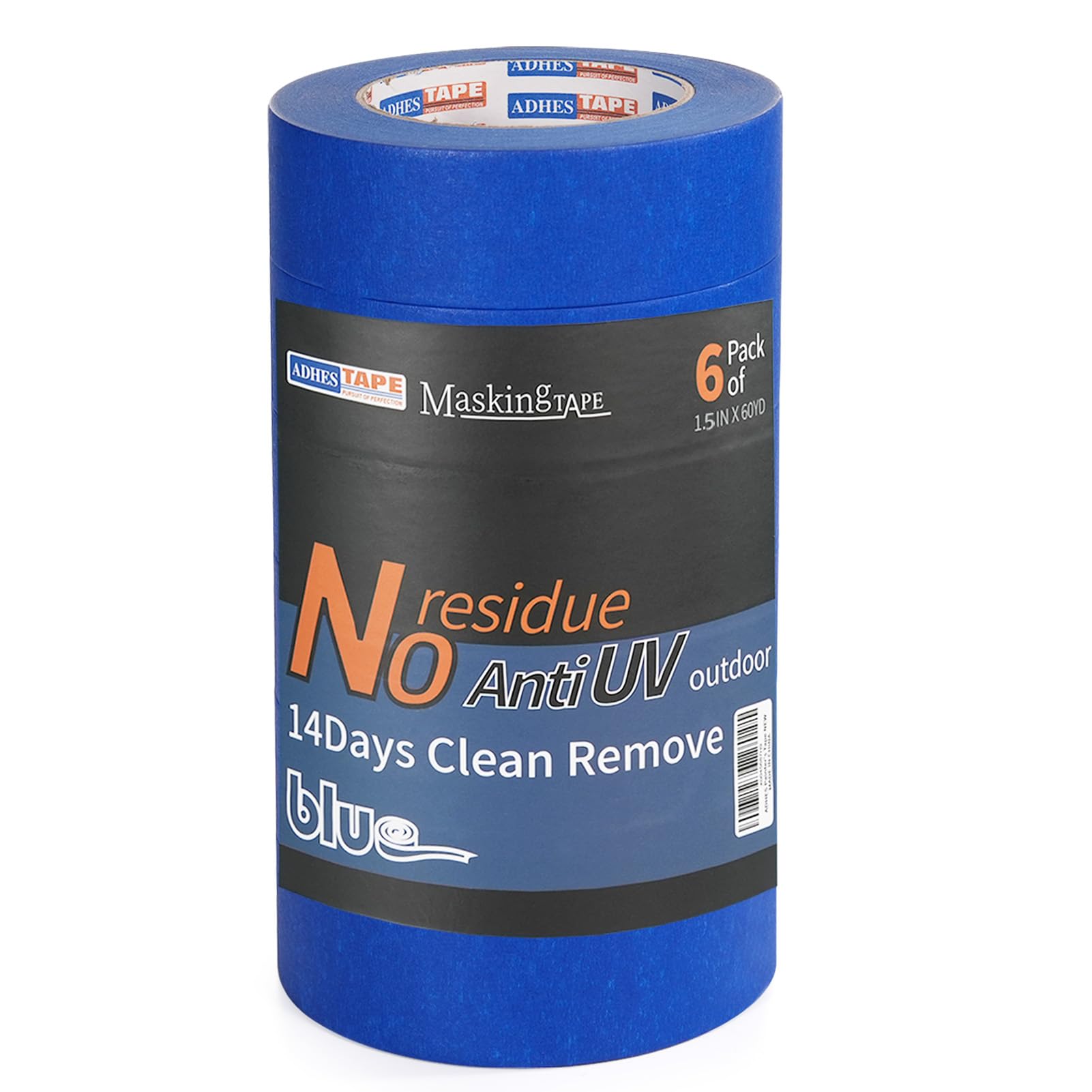 ADHES Blue Painters Tape,Blue Tape,Masking Tape for Painting,Paint Tape,no Residue Outdoor,UV Anti, 1.5 inch x 60 Yard, 6ROLLS