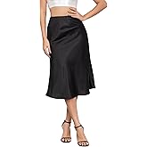 ALCEA ROSEA Womens Satin High Waisted Silky Midi Skirt Elastic A-line Skirt for Wedding Party Work