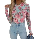 CHICME Womens Mesh Long Sleeve Top Sheer Going Out Shirt | Floral Print, See-Through Stretchy Fabric, Crew Neck with Thumbholes, Perfect for Party, Concerts and Early Fall Layering