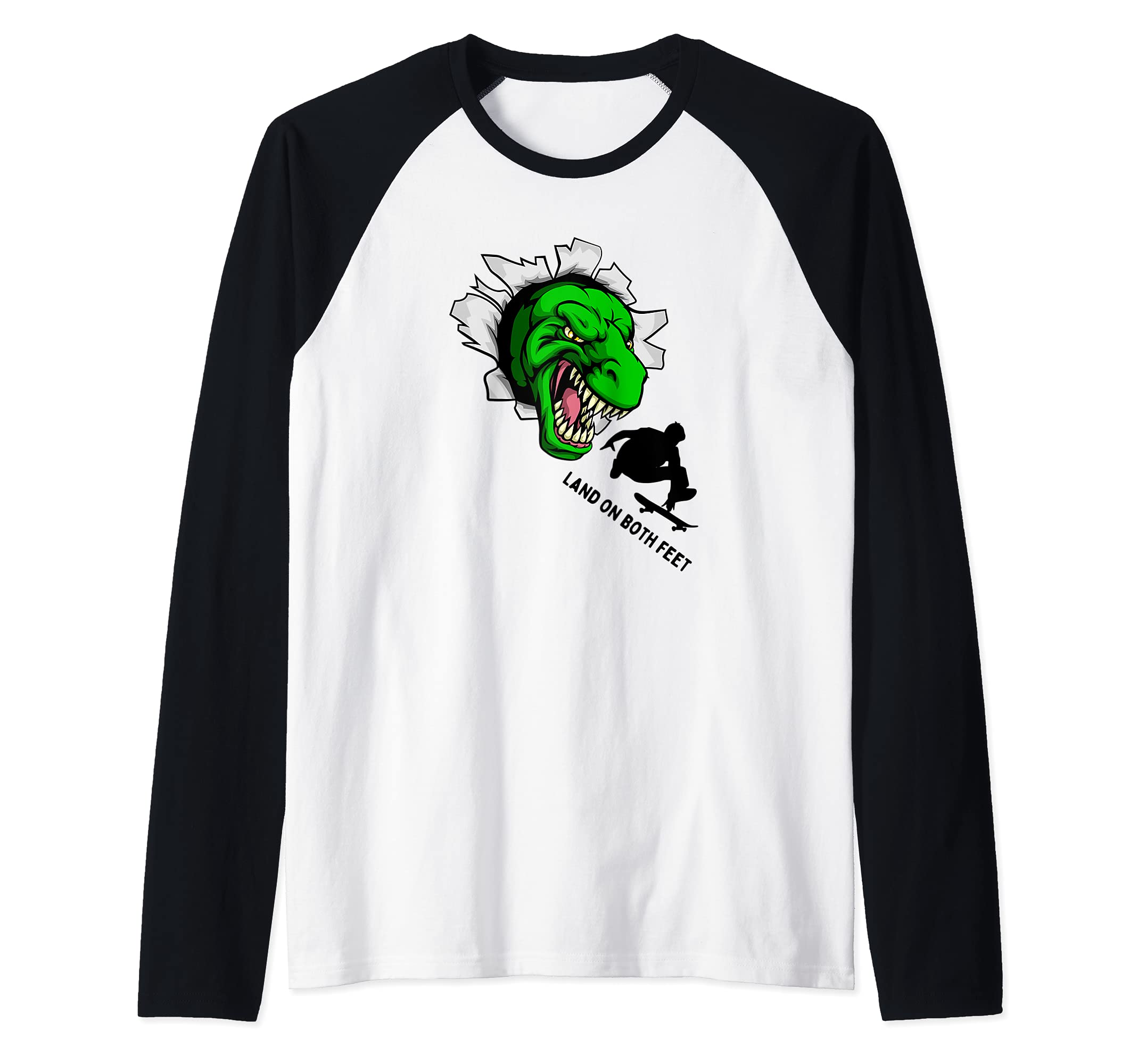 Scary Dinosaur Face Skater land on both feet Pro Skateboard Raglan Baseball Tee