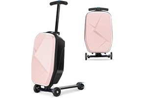 smilesun Scooter Luggage For Kids & Adults， Hardside Ride On Suitcase For Kids Ages 4-15 Multifunctional Lightweight Foldable Carry On Luggage With Wheels Ride On For Children Teenagers（Pink）